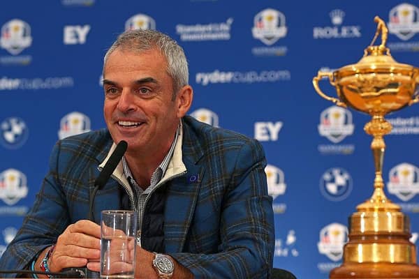 Paul McGinley, the victorious 2014 European Ryder Cup team captain, speaks with members of the media at Gleneagles. Picture: Mike Ehrmann/Getty Images.