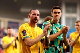 Martin Boyle applauds Australia fans following the 4-0 victory over Indonesia in the Asian Cup last 16.. (Photo by Robert Cianflone/Getty Images)