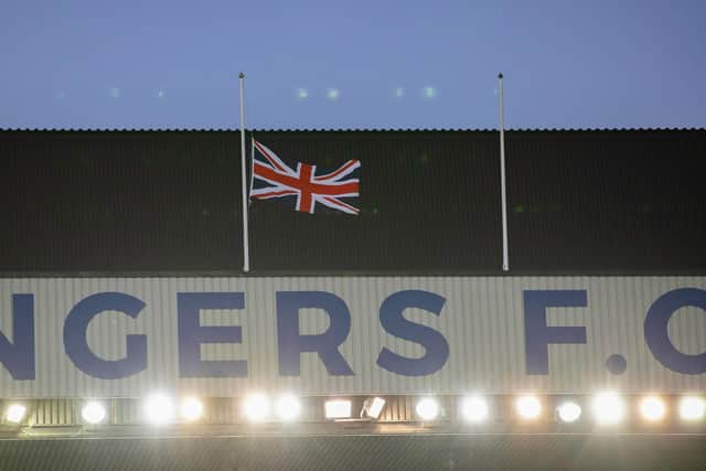 The Union Jack flag is at half-mast inside Ibrox Stadium as a mark of respect to the Queen's passing. (Photo by Alan Harvey / SNS Group)