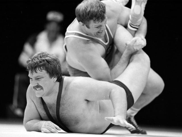 Scotland's Albert Patrick gets a grip on Australian's Dru Schaffer in the 1986 Commonwealth Games wrestling (130 kg class) at Meadowbank stadium.