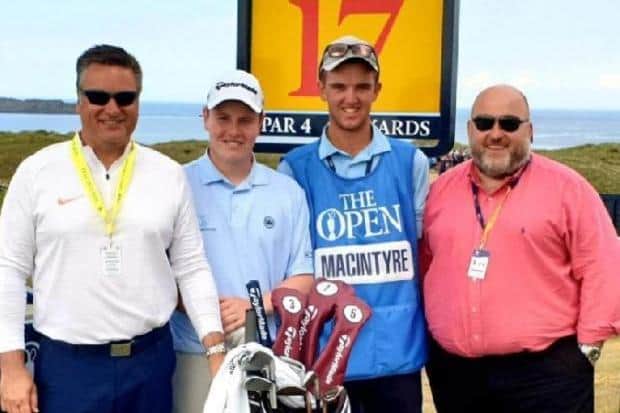 Iain Stoddart poses with Davy Burns, Bob MacIntyre and Greg Milne during the 2019 Open at Royal Portrush