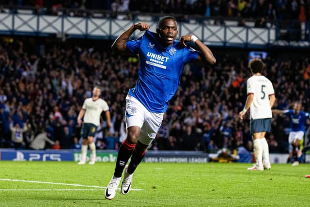 Rangers substitute Rabbi Matondo celebrates after scoring to make it 2-1 against PSV Eindhoven at Ibrox. (Photo by Alan Harvey / SNS Group)