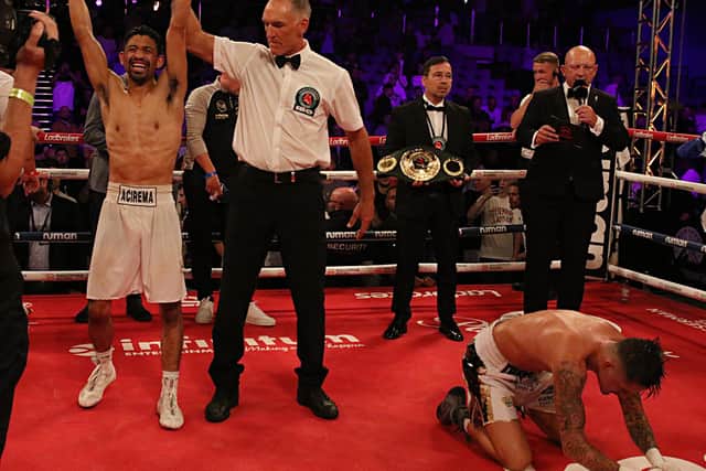 Erik Robles is crowned world champion as a distraught Lee McGregor falls to the canvas. Picture: Shabba Shafiq.