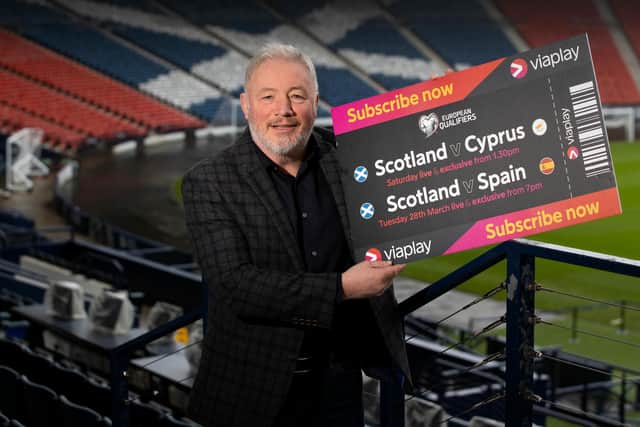 Memories of Walter Smith and their stint together overseeing Scotland proved vivid for Ally McCoist at Hampden as he promoted Viaplay’s live and exclusive coverage of Scotland v Cyprus and Scotland v Spain. Viaplay is available to stream from viaplay.com or via your TV provider on Sky, Virgin TV and Amazon Prime as an add-on subscription. (Photo by Craig Williamson / SNS Group)