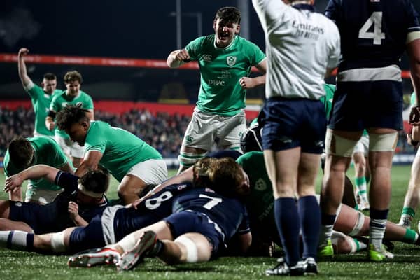 Ireland's James McKillop celebrates after Evan O'Connell scored their team's second try.