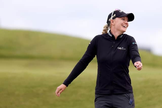 Swede Madelene Sagstrom enjoys a light-hearted moment at Muirfield. Picture: Charlie Crowhurst/Getty Images.