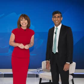 Liz Truss, Kay Burley and Rishi Sunak ahead of the Sky News special programme 'The Battle for Number 10'. Picture: Chris Lobina/Sky News/PA Wire