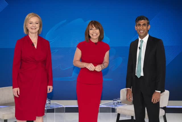 Liz Truss, Kay Burley and Rishi Sunak ahead of the Sky News special programme 'The Battle for Number 10'. Picture: Chris Lobina/Sky News/PA Wire