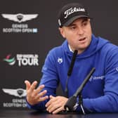 Justin Thomas speaks in a press conference ahead of the Genesis Scottish Open at The Renaissance Club in North Berwick. Picture: Luke Walker/Getty Images.