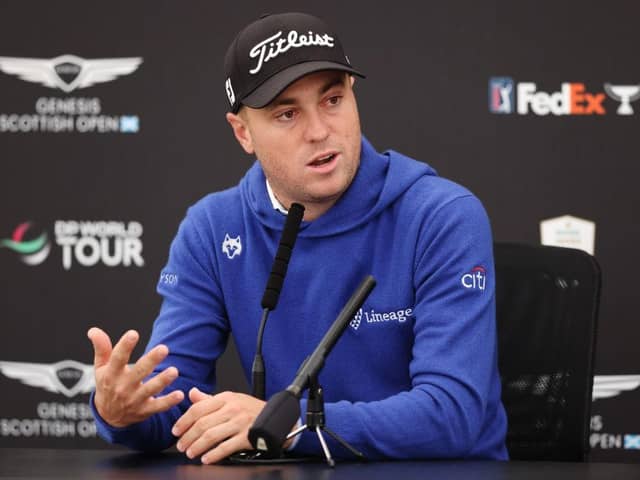 Justin Thomas speaks in a press conference ahead of the Genesis Scottish Open at The Renaissance Club in North Berwick. Picture: Luke Walker/Getty Images.