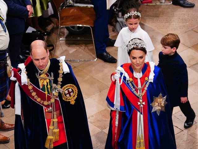 The Prince of Wales (front, left) and the Princess of Wales (front, right) and Princess Charlotte (rear, left) and Prince Louis (rear, right) leave Westminster Abbey, London, following King Charles III's coronation.