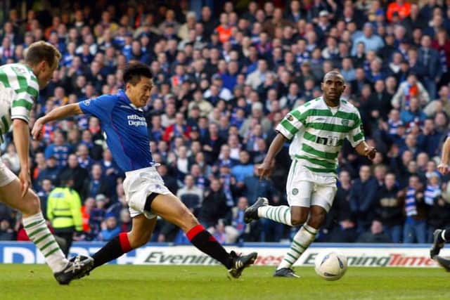 Michael Mols scores the winning goal for Rangers in their 3-2 victory over Celtic at Ibrox in a league game in December 2002. (Photo by Alan Harvey/SNS Group).