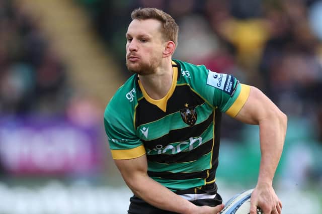 Scotland centre Rory Hutchinson in action on his 150th appearance for Northampton Saints during the win over Newcastle Falcons on Saturday. (Photo by Marc Atkins/Getty Images)