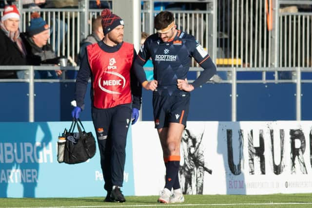 Edinburgh's Blair Kinghorn had to go off after 13 minutes of the Castre match due to a back spasm. (Photo by Mark Scates / SNS Group)