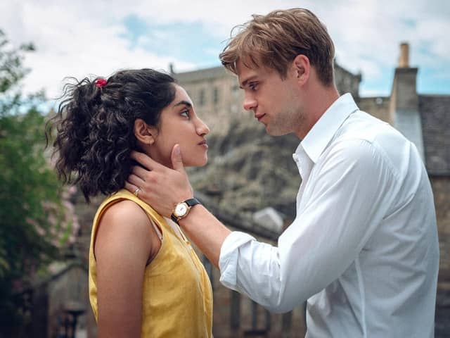 Ambika Mod and Leo Woodall as Emma and Dexter in the new Netflix series, One Day, filming in Edinburgh. Pic. Contributed