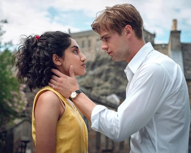 Ambika Mod and Leo Woodall as Emma and Dexter in the new Netflix series, One Day, filming in Edinburgh. Pic. Contributed
