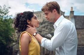 Ambika Mod and Leo Woodall as Emma and Dexter in the new Netflix series, One Day, filming in Edinburgh. Pic. Contributed