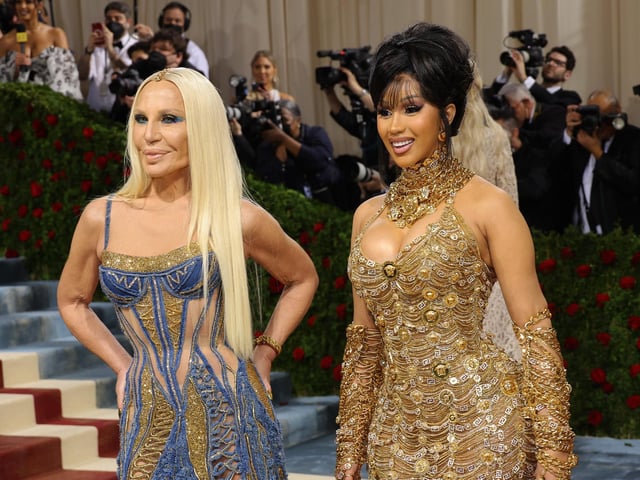 Donatella Versace has thanked rapper Cardi B for the “amazing birthday present” of accompanying her on the red carpet at the Met Gala. Photo by Mike Coppola/Getty Images