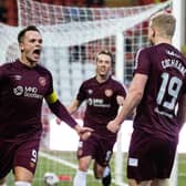 Lawrence Shankland celebrates after putting Hearts ahead in Airdrie. (Photo by Mark Scates / SNS Group)