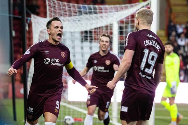 Lawrence Shankland celebrates after putting Hearts ahead in Airdrie. (Photo by Mark Scates / SNS Group)