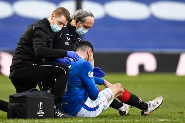 Rangers defender Leon Balogun is treated for a head injury during a Scottish Premiership match against Dundee United earlier this month