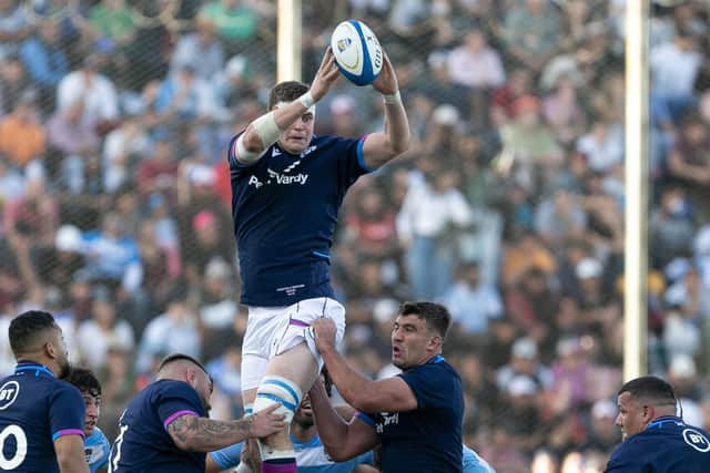 Scotland's Scott Cummings wins a lineout during the victory over Argentina. (Photo by Pablo Gasparini / AFP)
