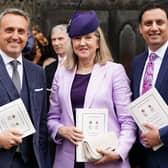 (left to right) Scottish Liberal Democrat leader Alex Cole-Hamilton, Alison Johnstone, Presiding Officer of the Scottish Parliament and Scottish Labour leader Anas Sarwar leaves Westminster Abbey following the coronation ceremony of King Charles III and Queen Camilla in central London. Picture date: Saturday May 6, 2023. PA Photo. See PA story ROYAL Coronation. Photo credit should read: Jane Barlow/PA Wire