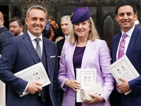 (left to right) Scottish Liberal Democrat leader Alex Cole-Hamilton, Alison Johnstone, Presiding Officer of the Scottish Parliament and Scottish Labour leader Anas Sarwar leaves Westminster Abbey following the coronation ceremony of King Charles III and Queen Camilla in central London. Picture date: Saturday May 6, 2023. PA Photo. See PA story ROYAL Coronation. Photo credit should read: Jane Barlow/PA Wire