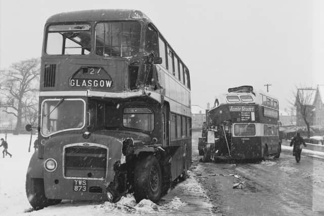 From another angle, the platform of a No 33 Edinburgh Corporation bus was crumpled in a crash with this SMT bus in Slateford, Edinburgh in February 1966 Pic Denis Straughan