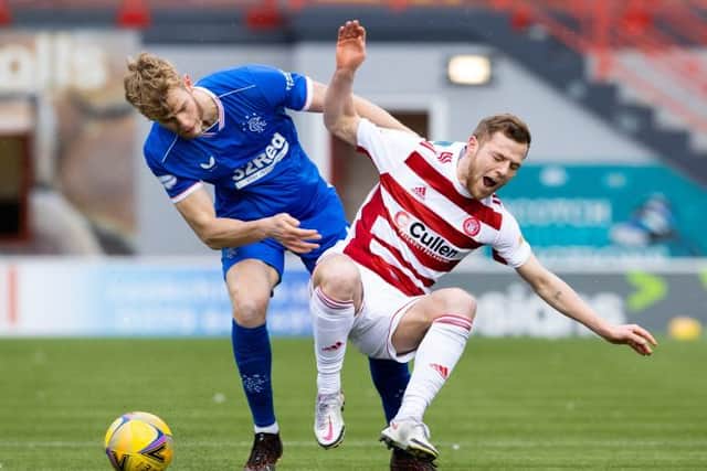 Hamilton's Bruce Anderson (R) is fouled by Rangers' Filip Helander during a Scottish Premiership match between Hamilton Academical and Rangers at the FOYS Stadium, on February 07, 2021, in Hamilton, Scotland. (Photo by Alan Harvey / SNS Group)
