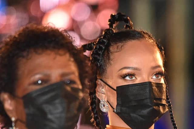 President of Barbados, Dame Sandra Mason and Rihanna, honored as a National Hero, attend the Presidential Inauguration Ceremony at Heroes Square on November 30, 2021 in Bridgetown, Barbados.(Photo by Toby Melville - Pool/Getty Images)