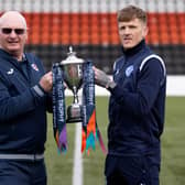Raith manager John McGlynn and Queen of the South player/manager Willie Gibson with the SPFL Trust Trophy.  (Photo by Alan Harvey / SNS Group)