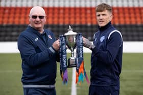 Raith manager John McGlynn and Queen of the South player/manager Willie Gibson with the SPFL Trust Trophy.  (Photo by Alan Harvey / SNS Group)