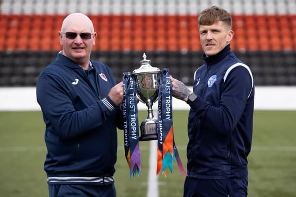 Raith manager John McGlynn and Queen of the South player/manager Willie Gibson with the SPFL Trust Trophy.  (Photo by Alan Harvey / SNS Group)