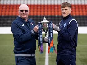 Raith manager John McGlynn and Queen of the South player/manager Willie Gibson with the SPFL Trust Trophy.  (Photo by Alan Harvey / SNS Group)