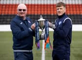 Raith manager John McGlynn and Queen of the South player/manager Willie Gibson with the SPFL Trust Trophy.  (Photo by Alan Harvey / SNS Group)