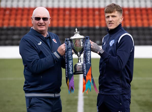 Raith manager John McGlynn and Queen of the South player/manager Willie Gibson with the SPFL Trust Trophy.  (Photo by Alan Harvey / SNS Group)