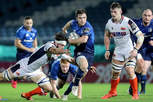 Leinster's Luke McGrath charges past Ally Miller of Edinburgh during last night's big win for the home side. Picture: Laszlo Geczo/INPHO/Shutterstock