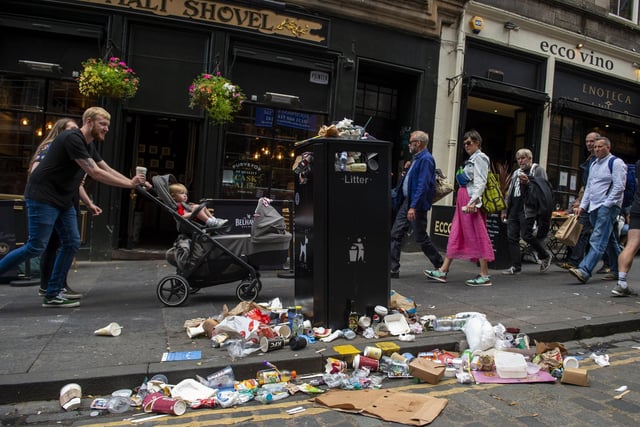 Rubbish is piling up and litter is scattered across many city centre streets