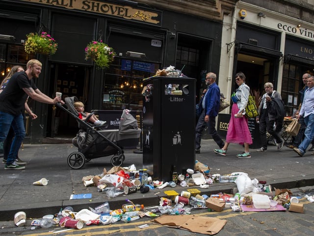 Rubbish is piling up and litter is scattered across many city centre streets