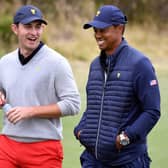 PGA Tour policy board members Patrick Cantlay and Tiger Woods chat during the 2019 Presidents Cup in Australia. Picture: William West//AFP via Getty Images.