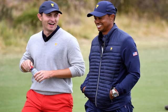 PGA Tour policy board members Patrick Cantlay and Tiger Woods chat during the 2019 Presidents Cup in Australia. Picture: William West//AFP via Getty Images.