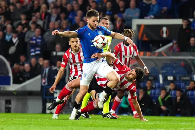 Rangers' Nicolas Raskin in action during the UEFA Europa League quarter-final, first-leg match at Ibrox Stadium, Glasgow against Athletic Bilbao. (Photo by Jane Barlow/PA Wire)