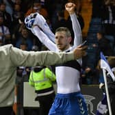 KILMARNOCK, SCOTLAND - APRIL 22: Kilmarnock's Blair Alston celebrates making it 2-1 during a cinch Championship match between Kilmarnock and Arbroath at Rugby Park, on April 22, 2022, in Kilmarnock, Scotland.  (Photo by Ross MacDonald / SNS Group)