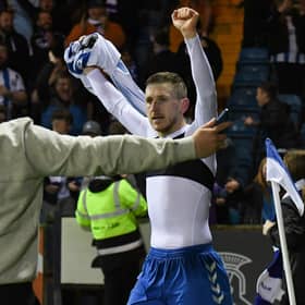 KILMARNOCK, SCOTLAND - APRIL 22: Kilmarnock's Blair Alston celebrates making it 2-1 during a cinch Championship match between Kilmarnock and Arbroath at Rugby Park, on April 22, 2022, in Kilmarnock, Scotland.  (Photo by Ross MacDonald / SNS Group)