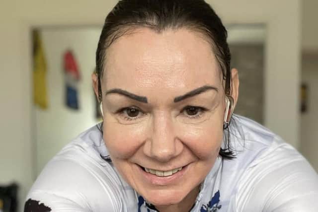 Christina Mackenzie taking her first step back to cycling on her turbo trainer at Christmas 2022. (Photo by Christina Mackenzie)