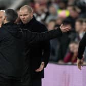 Hearts' manager Robbie Neilson remonstrates with the fourth official. He was shown a red card during the 1-0 win over St Mirren.