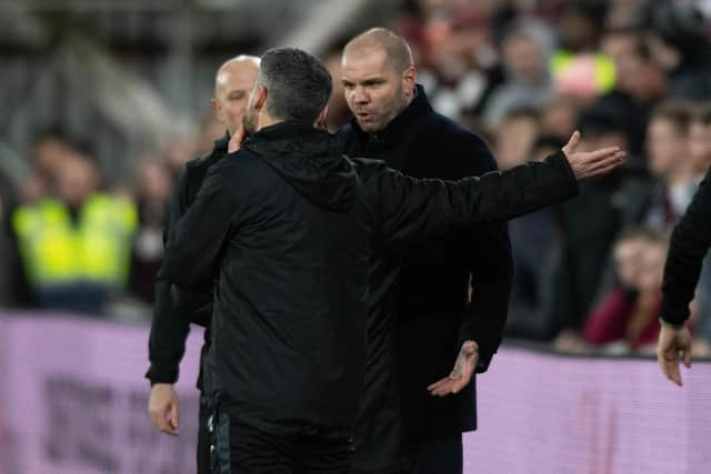 Hearts' manager Robbie Neilson remonstrates with the fourth official. He was shown a red card during the 1-0 win over St Mirren.