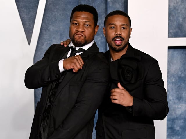 Michael B Jordan (right) and Jonathan Majors attending the Vanity Fair Oscar Party held at the Wallis Annenberg Center for the Performing Arts in Beverly Hills