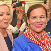 Sinn Fein leader Mary Lou McDonald and Michelle O'Neill (left) arrive at the Northern Ireland Assembly Election. Picture, Niall Carson/PA Wire
